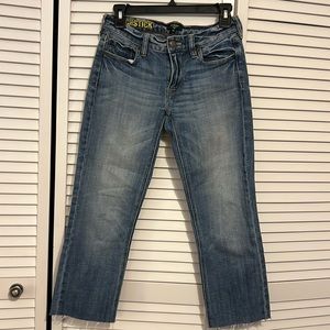 J. Crew matchstick jeans, light wash, 26S, self cropped with frayed edge